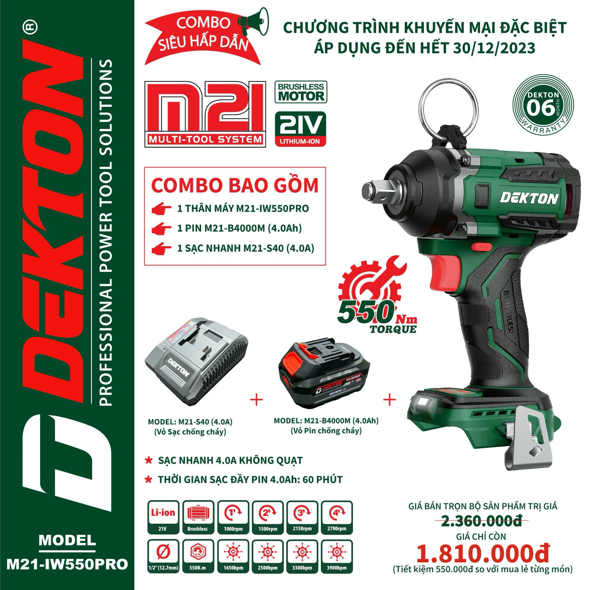 Thân Máy Siết Bulong Pin Dekton M21-IW550PRO chân pin phổ thông – TYM MÁY PIN