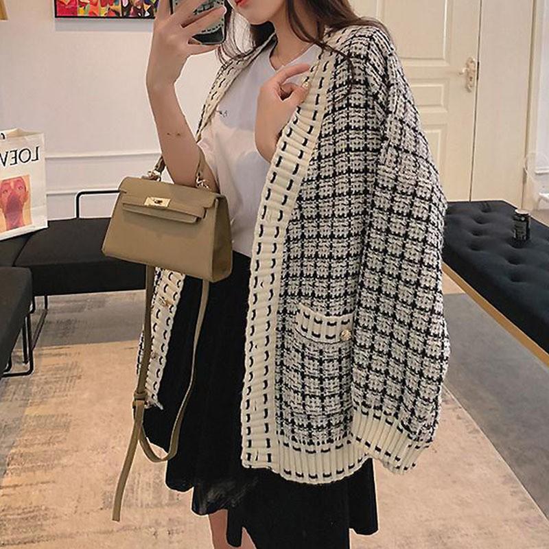 Hàng Sẵn_Áo khoác len dệt kim sọc ca rô áo len phong cách retro Hồng Kong