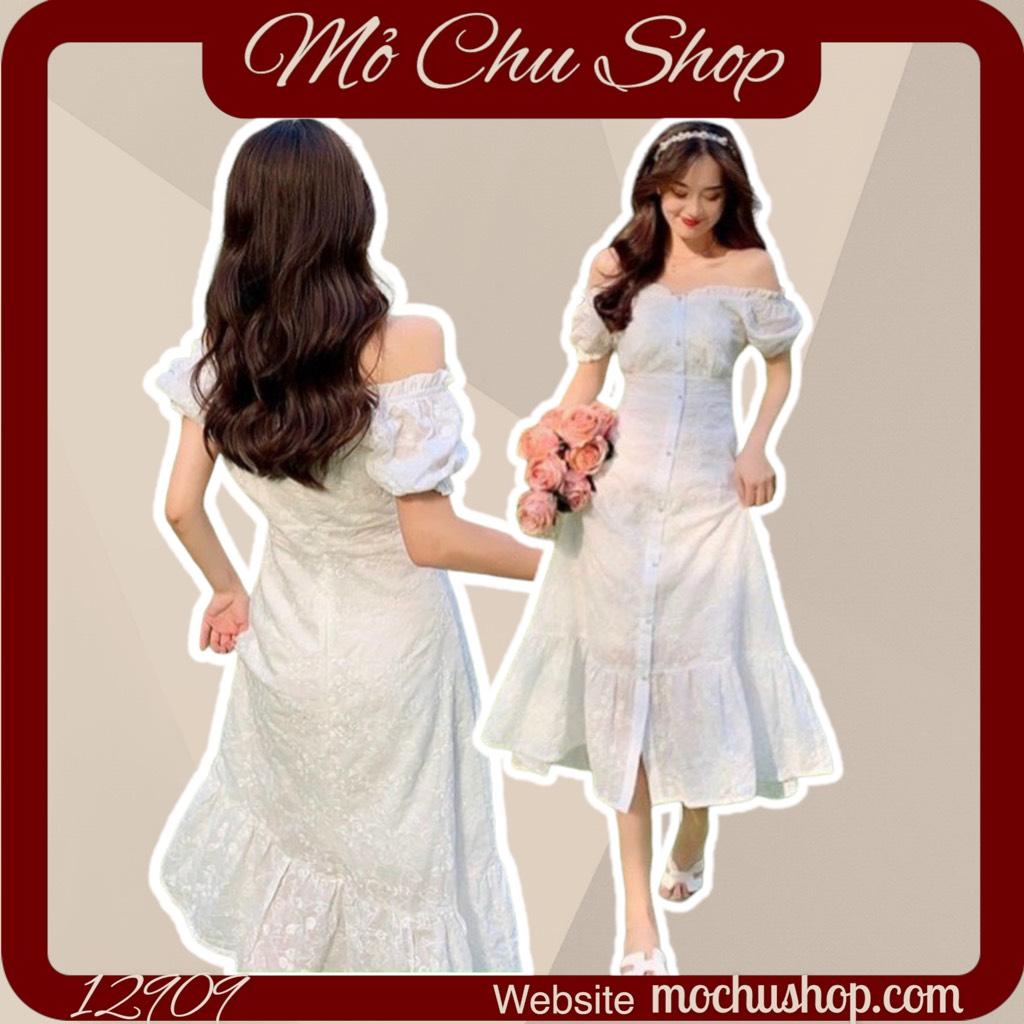 ĐẦM MIDI TRẮNG TRỄ VAI XÔ THÊU 12909