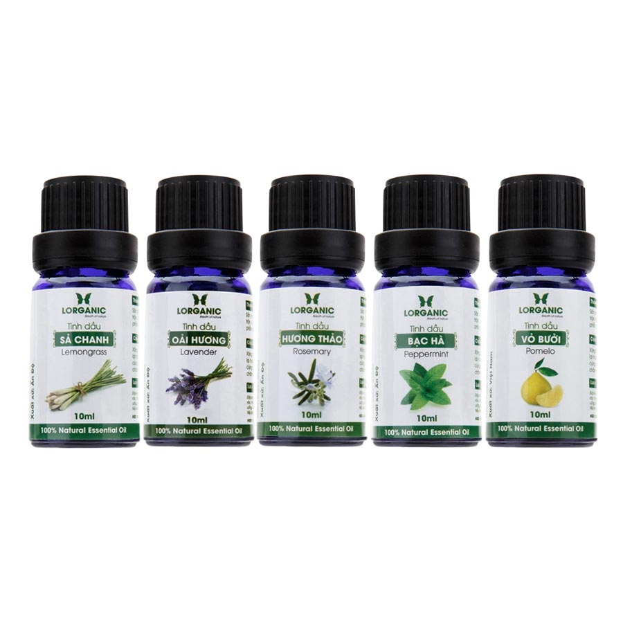 Combo 5 Chai Tinh Dầu Cao Cấp Lavender + Sả Chanh + Hương Thảo + Bưởi + Bạc Hà Lorganic Lgn0090 (10ml x 5)