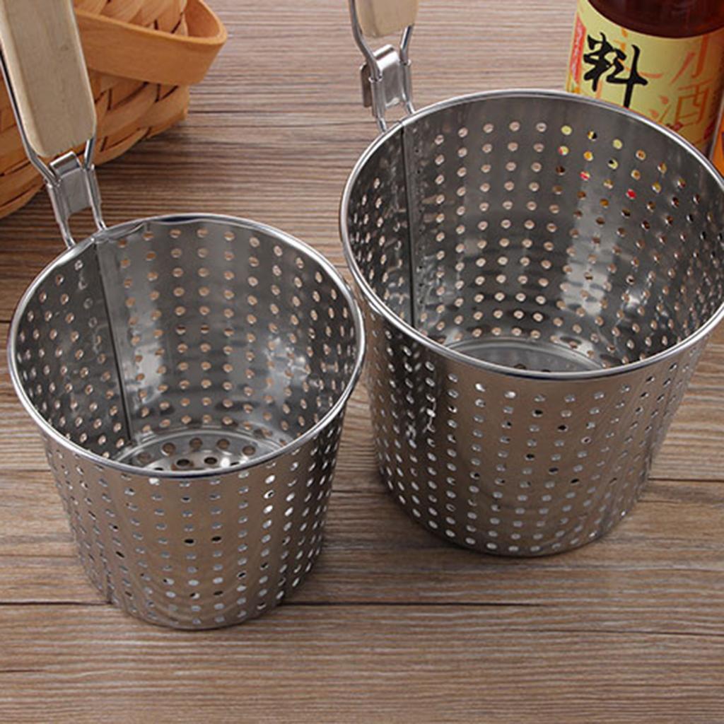 Stainless Steel Pasta Basket Mesh Spider Food Dumpling Noodle Strainer,Fine Mesh Skimmer Kitchen Fine Sieve Mesh Strainer With Wooden Handle