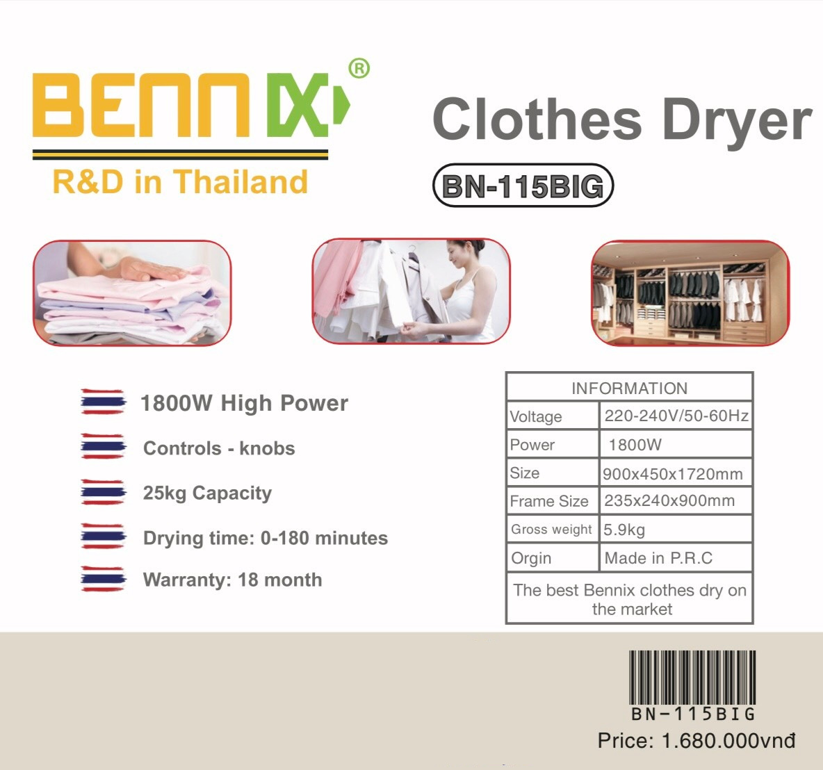 Máy sấy quần áo Bennix BN-115TA - Hàng Chính Hãng