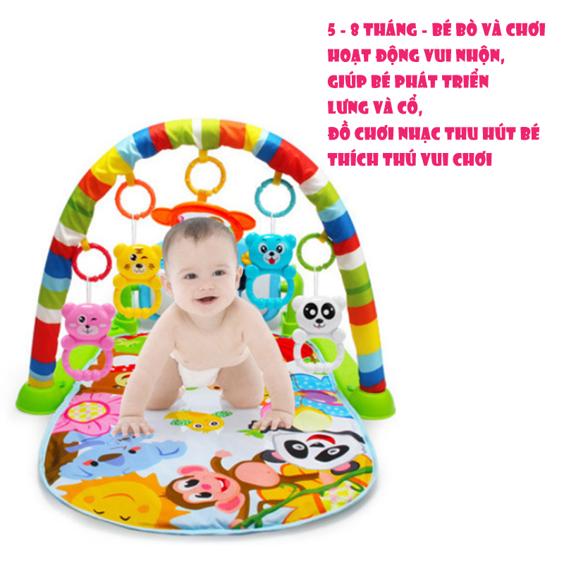 Thảm nhạc Piano cho bé từ 0-36 tháng in hình khỉ con có nhạc và xúc xắc, shop tặng Pin đi kèm