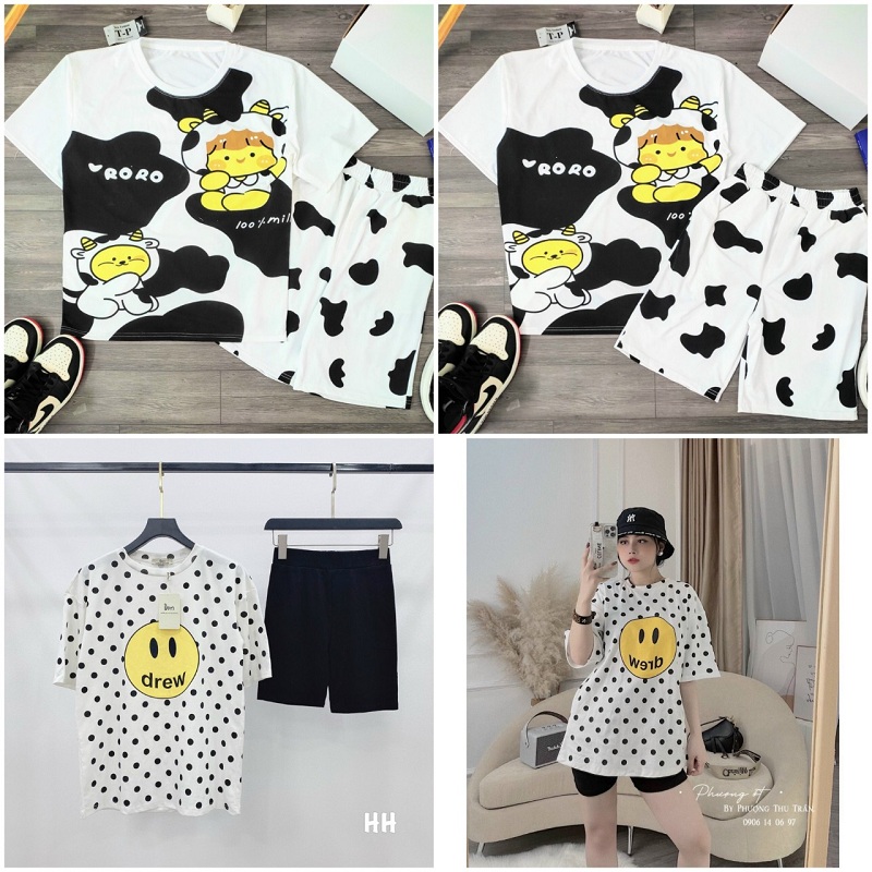 Set Đồ Bộ Nữ Bò Sữa RORO CuteHOT RẺ ĐẸPĐồ Mặc Nhà Áo Thun Rộng Unisex Tay Lỡ Mặt Cười Chấm Bi Quần Kiểu short Đùi-Suit - HIỀN LINH UY TIN SHOP SET ĐỒ BỘ THUN