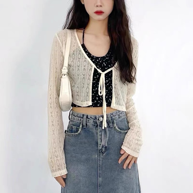 SET ÁO CROPTOP ĐEN DÂY YẾM HOA NHÍ + KHOÁC LỬNG NGẮN REN SUÔNG RỘNG CARDIGAN ĐI BIỂN ĐI CHƠI DẠO PHỐ ĐI TIỆC