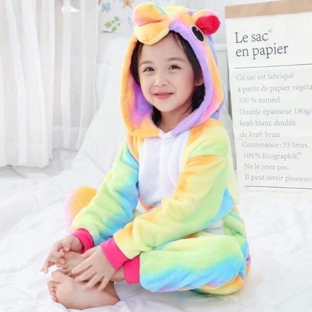 Combo Bộ đồ ngủ kỳ lân unicorn cầu vồng kèm dép cho bé và người lớn