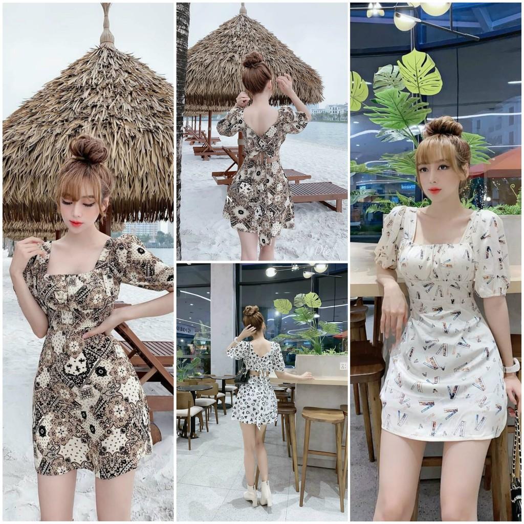 Đầm xoè lụa hoạ tiết hở lưng kèm nơ siêu xinh phù hơp đi dạo phố, đi làm