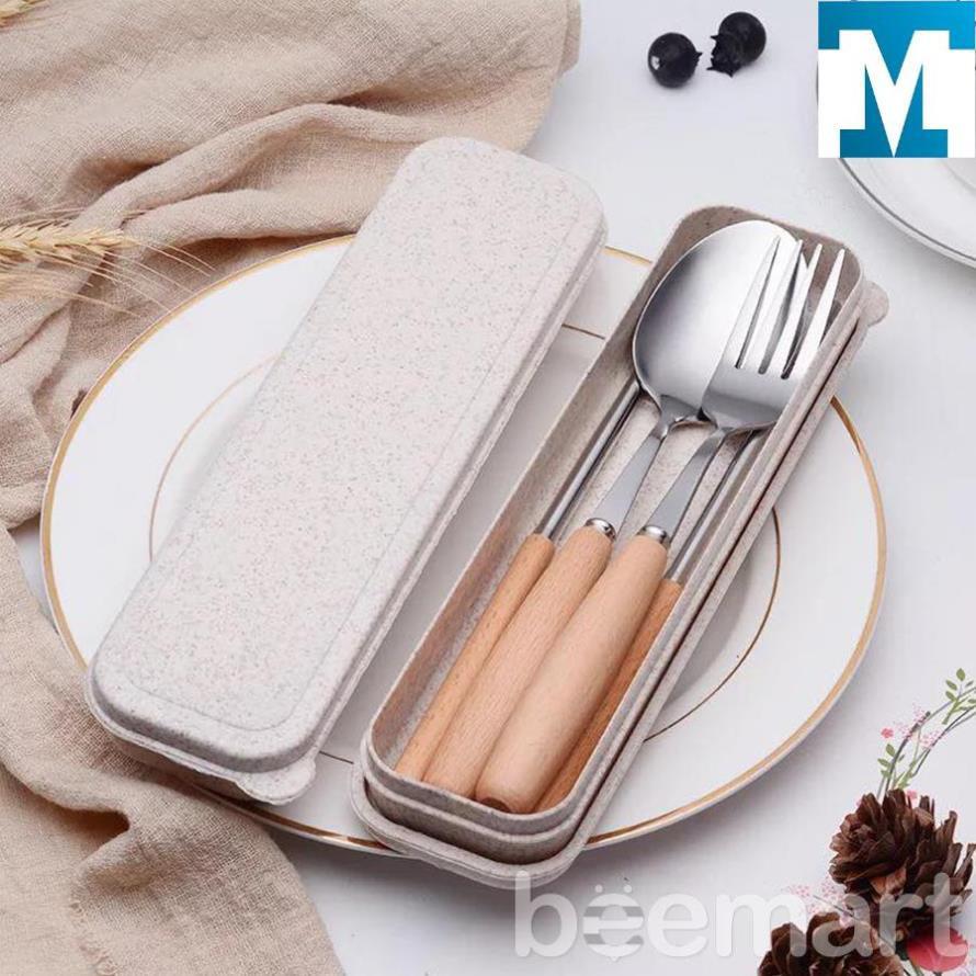 Bộ Thìa Đũa Dĩa Inox Cán Gỗ Sồi Kèm Hộp