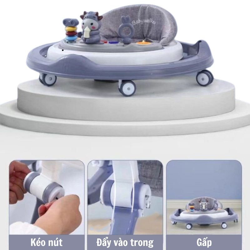 Xe Tròn Tập Đi Kiêm Xe Ăn Dặm Cho Bé Hình Chú Bò Đáng Yêu 2in1 Có Bàn Ăn Dặm, Phát Nhạc Vui Nhộn