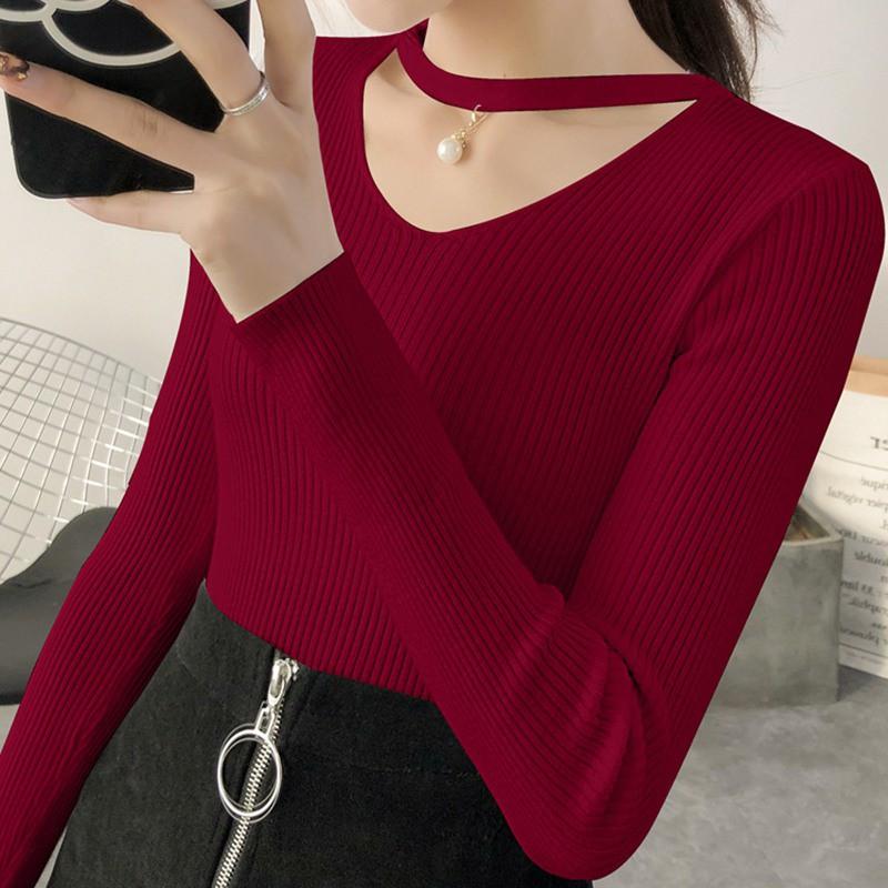 Áo dệt kim nữ dáng ôm cổ chữ V màu trơn