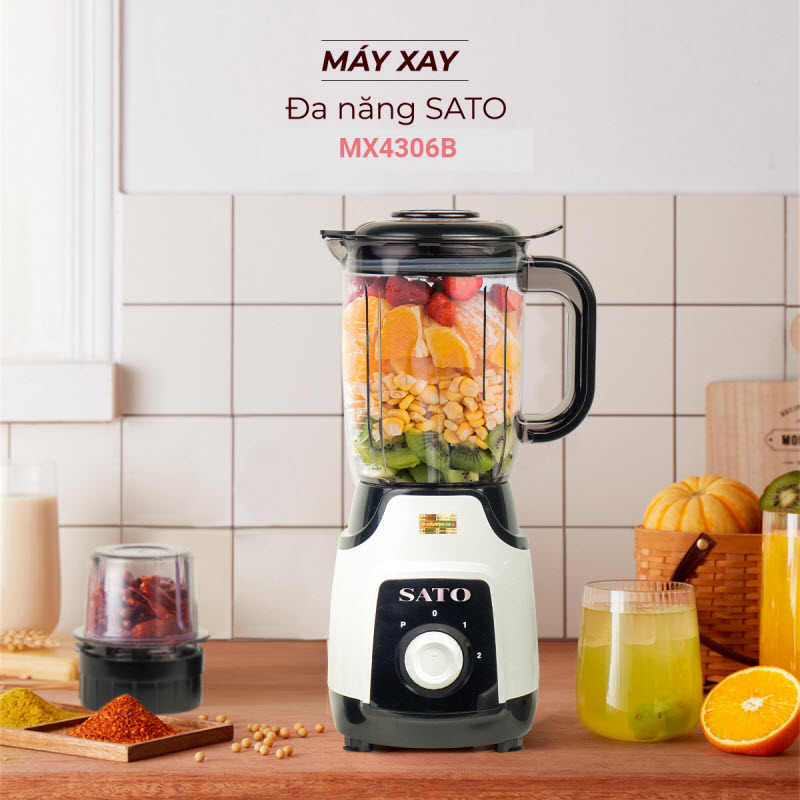 Máy xay sinh tố đa năng SATO MX4306B - Máy xay gồm 03 cối: Cối xay sinh tố, cối xay thịt & cối nhỏ - Mô tơ điện được quấn dây 100% đồng nguyên chất có độ bền cao - Miễn phí vận chuyển toàn quốc - Hàng chính hãng