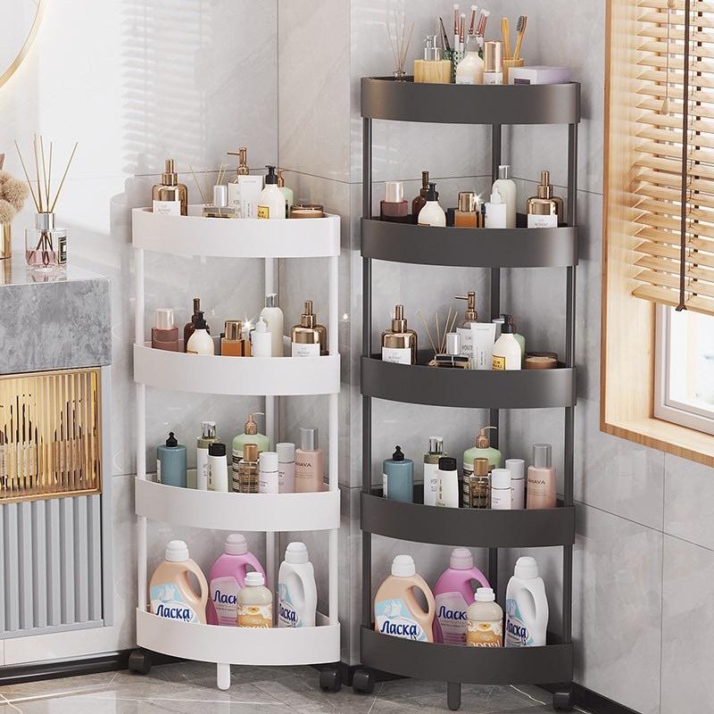 Kệ Góc Nhựa 4 Tầng Tam Giác Đa Năng Có Bánh Xe, Kệ Đựng Đồ Dùng Nhà Bếp, Nhà Tắm