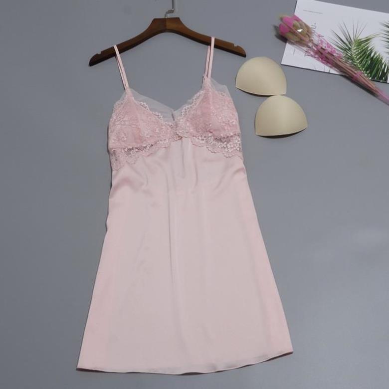 Váy ngủ sexy Bigsize phi lụa hai dây phối lưới ren lưngkèm mút ngực đồ ngủ satin lụa sexy cao cấp sale giá rẻ