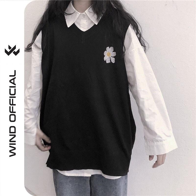 Áo gile unisex Wind form rộng thêu Hoa Cúc nam nữ oversize phong cách ulzzang