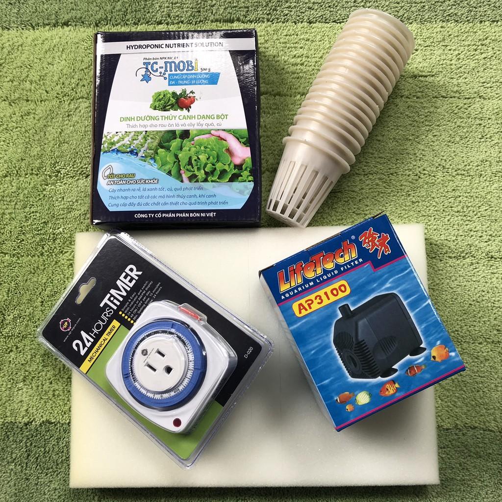 Bộ 150 rọ nhựa thủy canh + 1 bơm AP3100 + 1 hẹn giờ cơ Aqua + 1 dinh dưỡng TC mobi + 2 tấm mút xốp ươm hạt