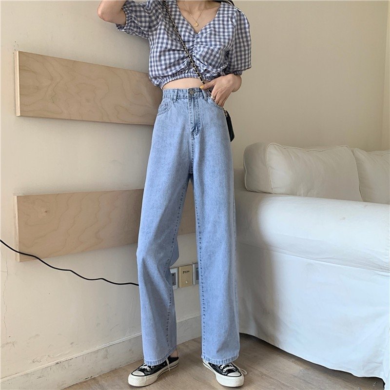 Quần jean quan baggy dáng suông ống rộng nữ