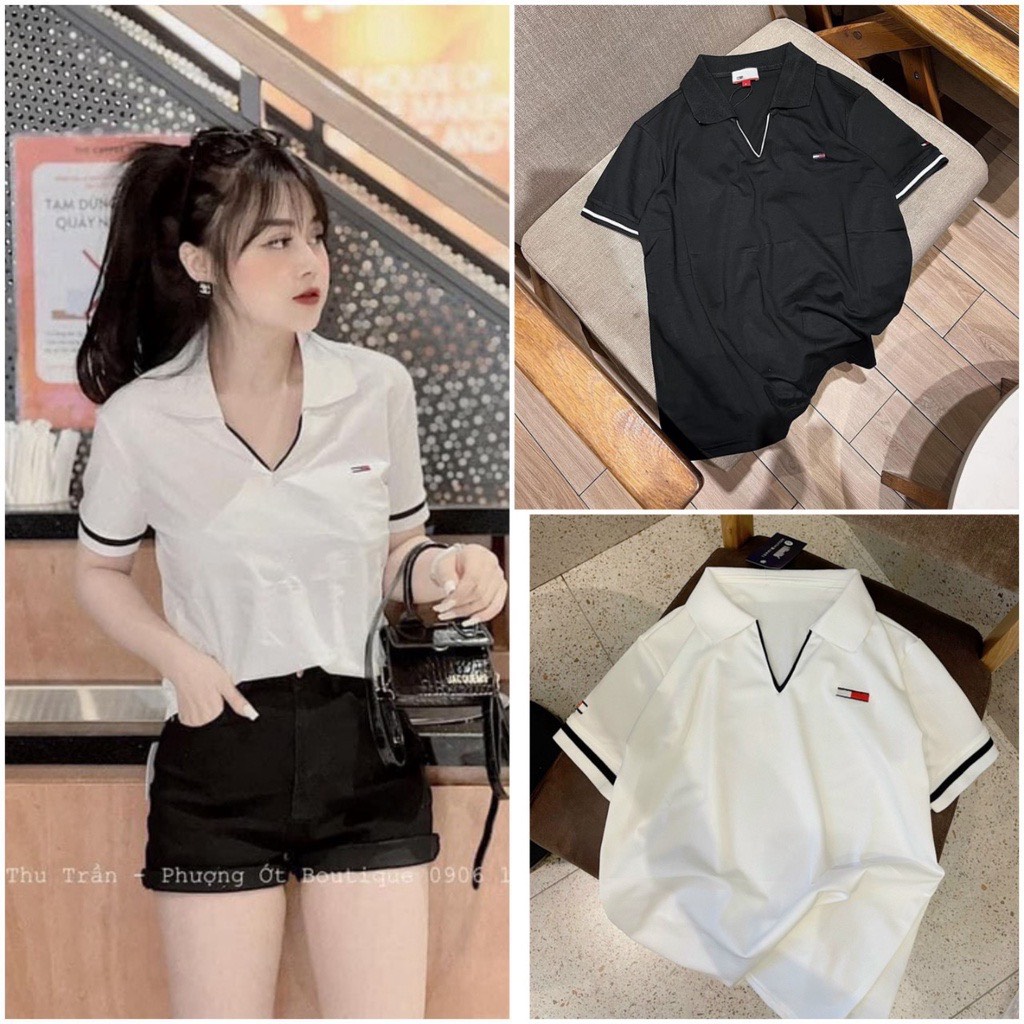 Áo thun nữ polo cổ V phối màu vải cá sấu mền mát, áo phông nữ cộc tay lỡ cổ bẻ cá tính