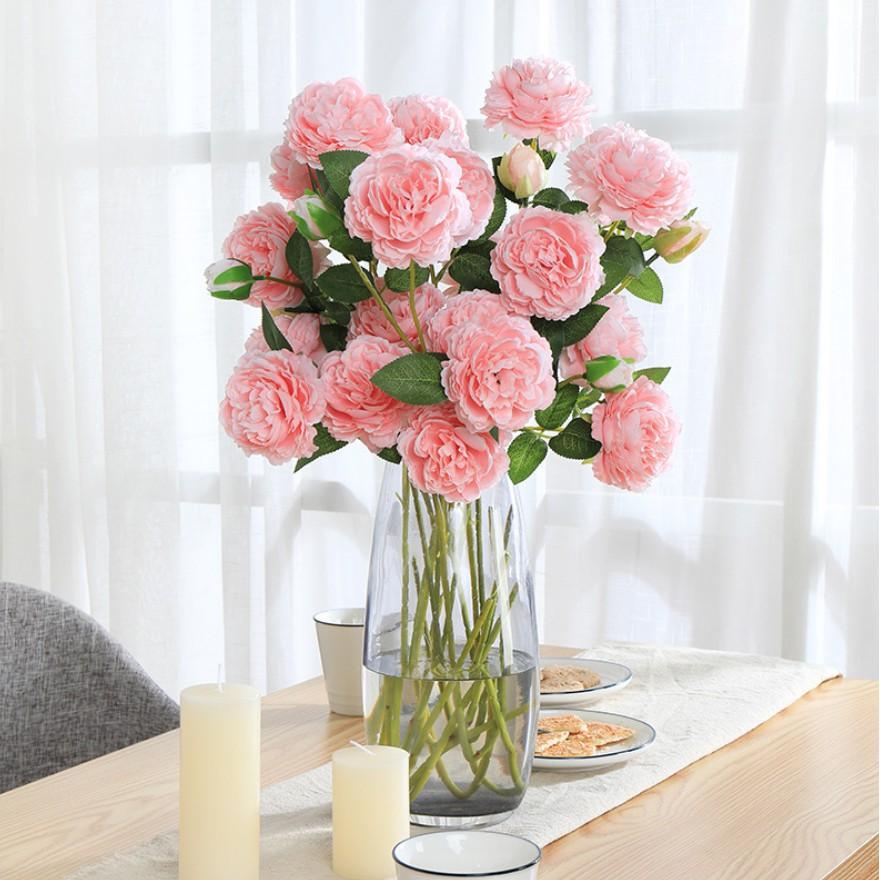Hoa Giả - Hoa hồng mẫu đơn lụa cao cấp (65cm) trang trí nhà cửa nội thất cửa tiệm cành 2 bông 1 nụ H23