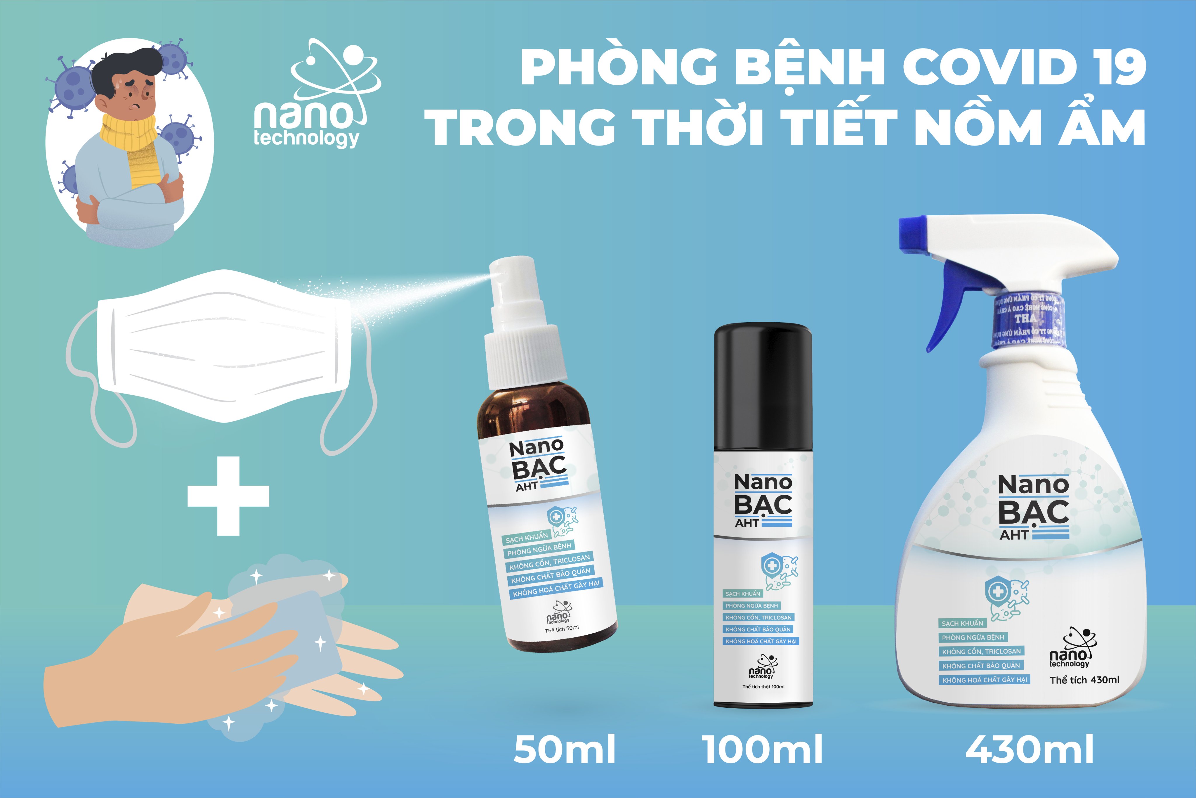 Chai xịt diệt khuẩn Nano Bạc AHT 100ml hương hoa hồng Pháp - dùng rửa tay, phun khử khuẩn toàn thân