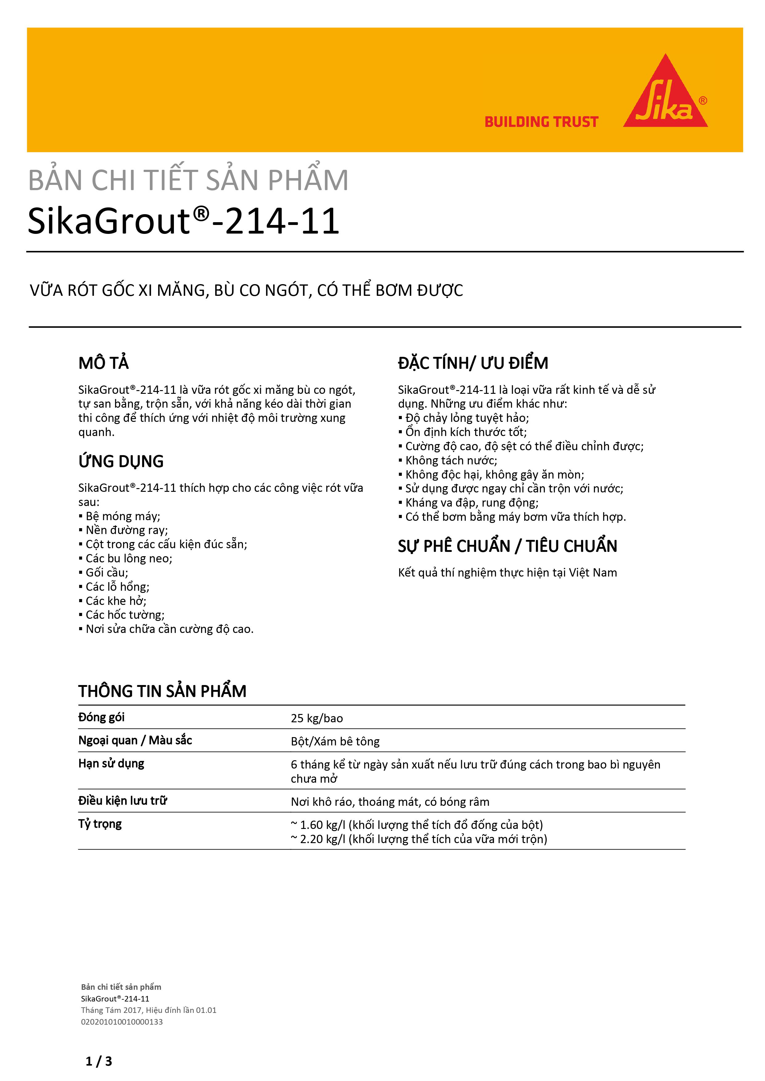 Vữa rót tự san phẳng không co ngót cường độ cao - SikaGrout 214-11 (bao 25kg) 