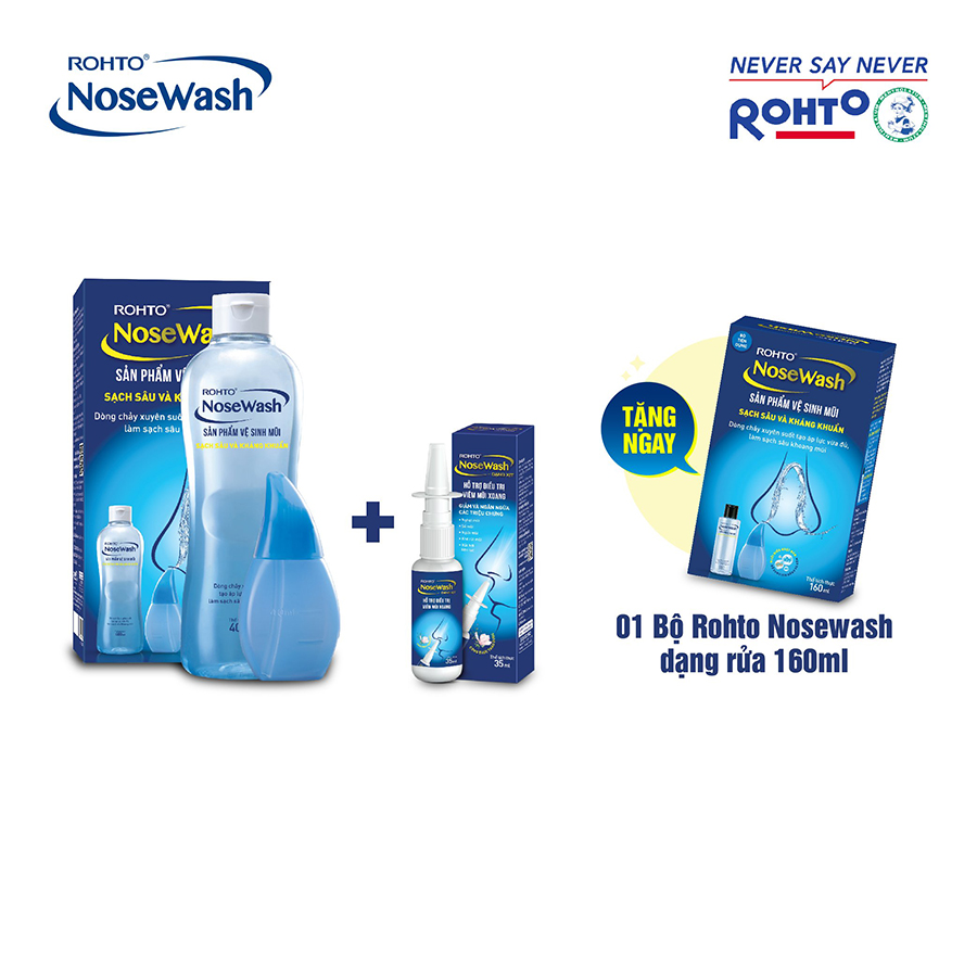 Bộ sản phẩm vệ sinh mũi Rohto NoseWash 400mL + Xịt hỗ trợ điều trị viêm mũi xoang Rohto NoseWash Spray 35ml + Tặng Bộ tiện dụng vệ sinh mũi Rohto NoseWash Miniset