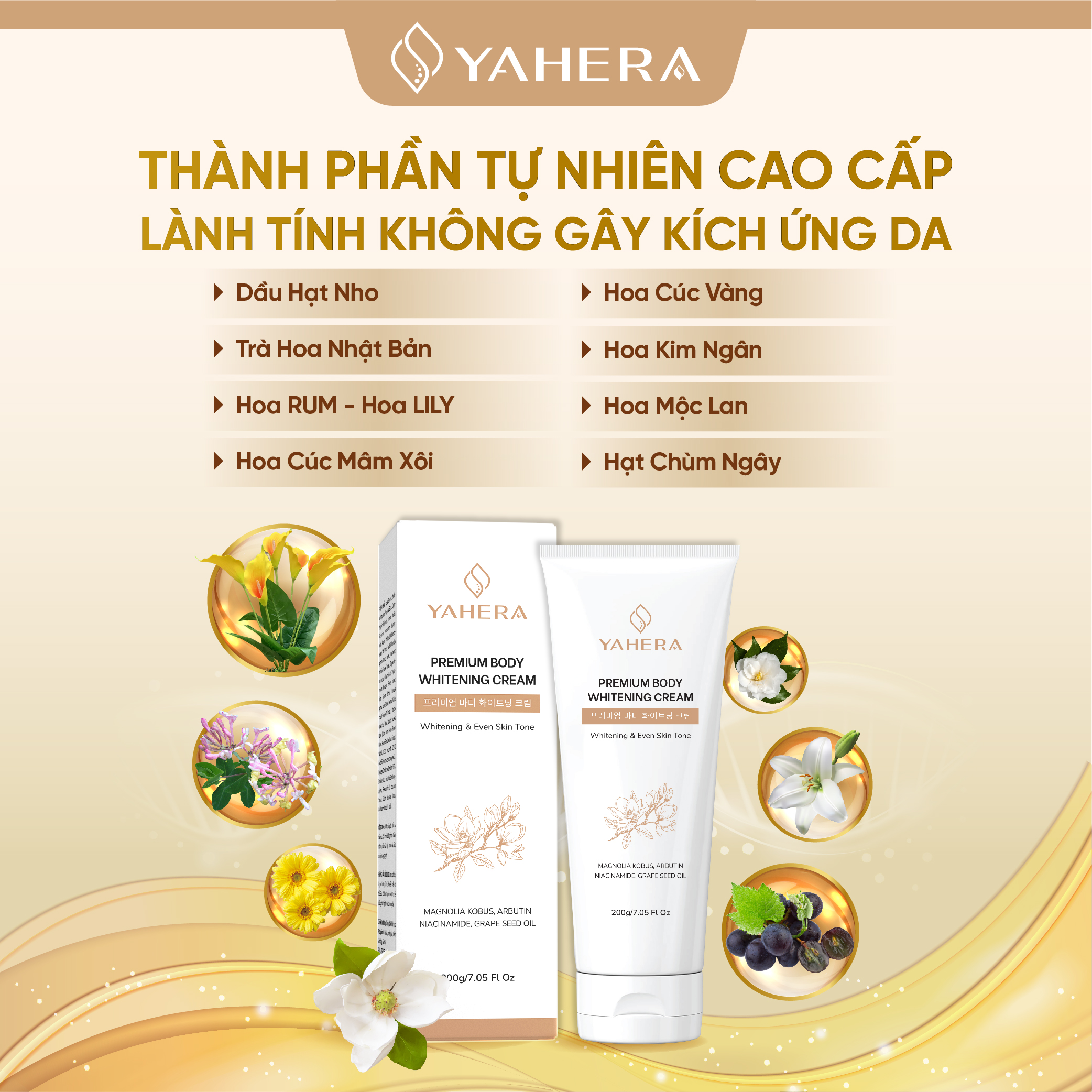 Kem dưỡng trắng da toàn thân YAHERA Premium Body Whitening Cream giúp dưỡng trắng, dưỡng ẩm, chống nắng, chống lão hóa, da mềm mịn màng hơn 200g