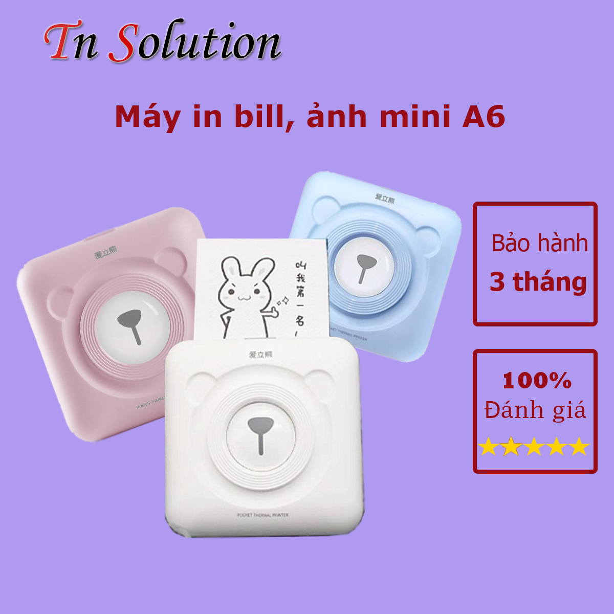 Máy in tem nhãn dán, máy in nhiệt mini A6 304dpi hình gấu cute