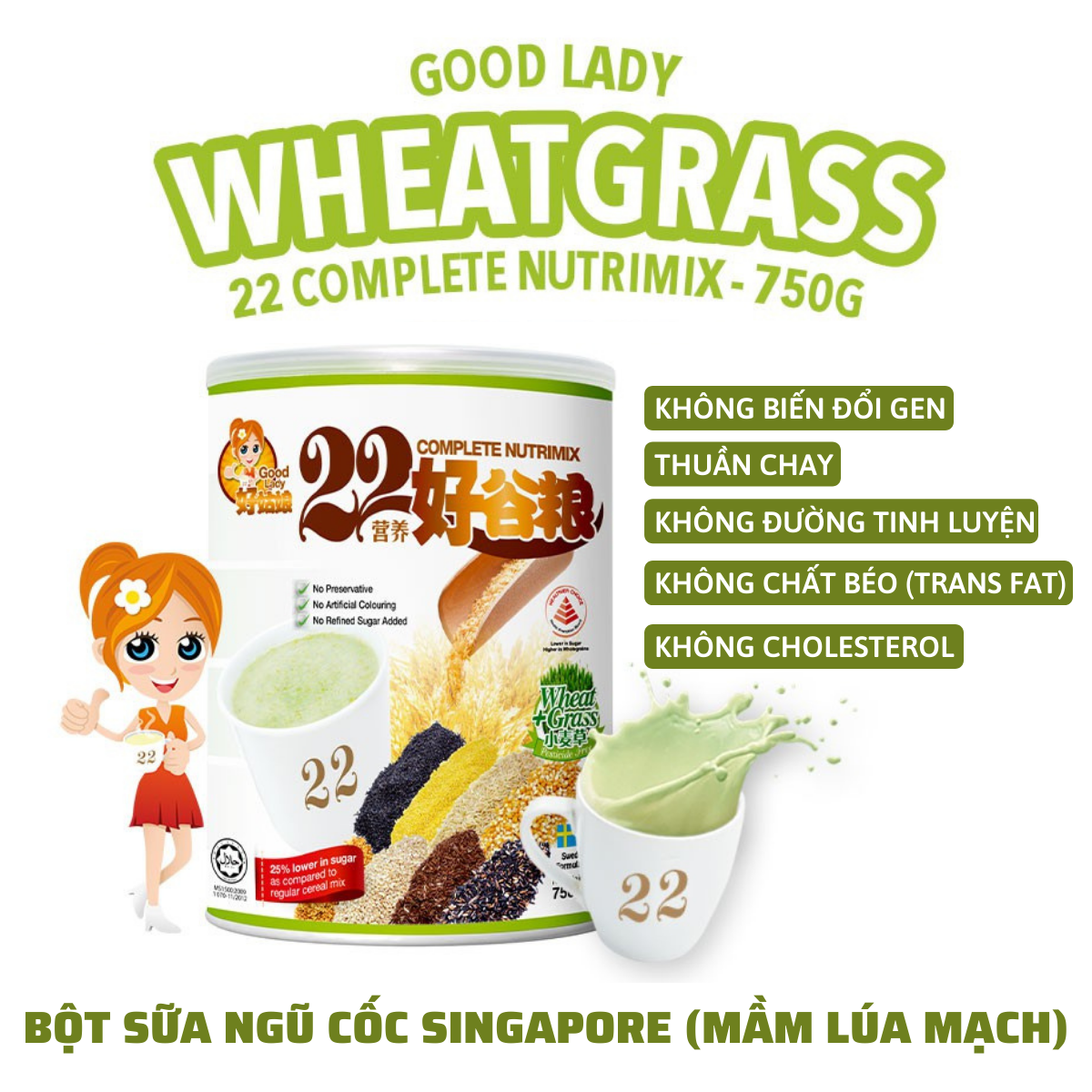 Bột ngũ cốc dinh dưỡng Good Lady Singapore - Mầm lúa mì - 22 Nutrimix Complete Wheat Grass