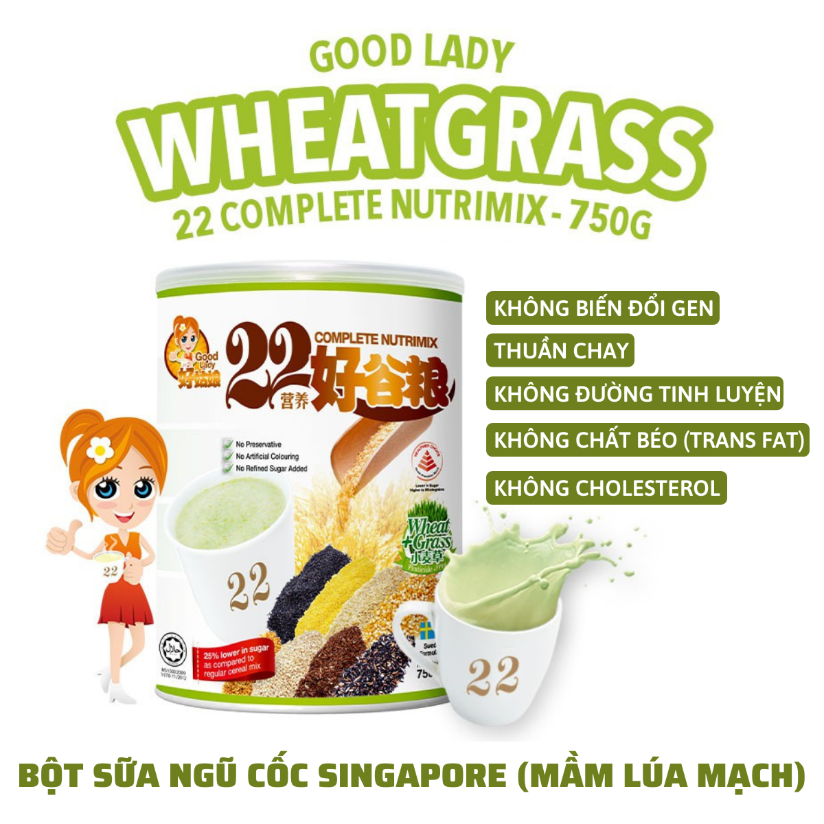 Bột ngũ cốc dinh dưỡng Good Lady Singapore - Mầm lúa mì - 22 Nutrimix Complete Wheat Grass (750g)