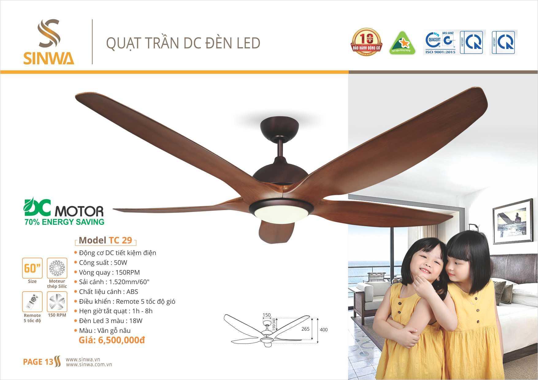 QUẠT TRẦN DC ĐÈN LED SINWA TC29 (Hàng chính hãng)