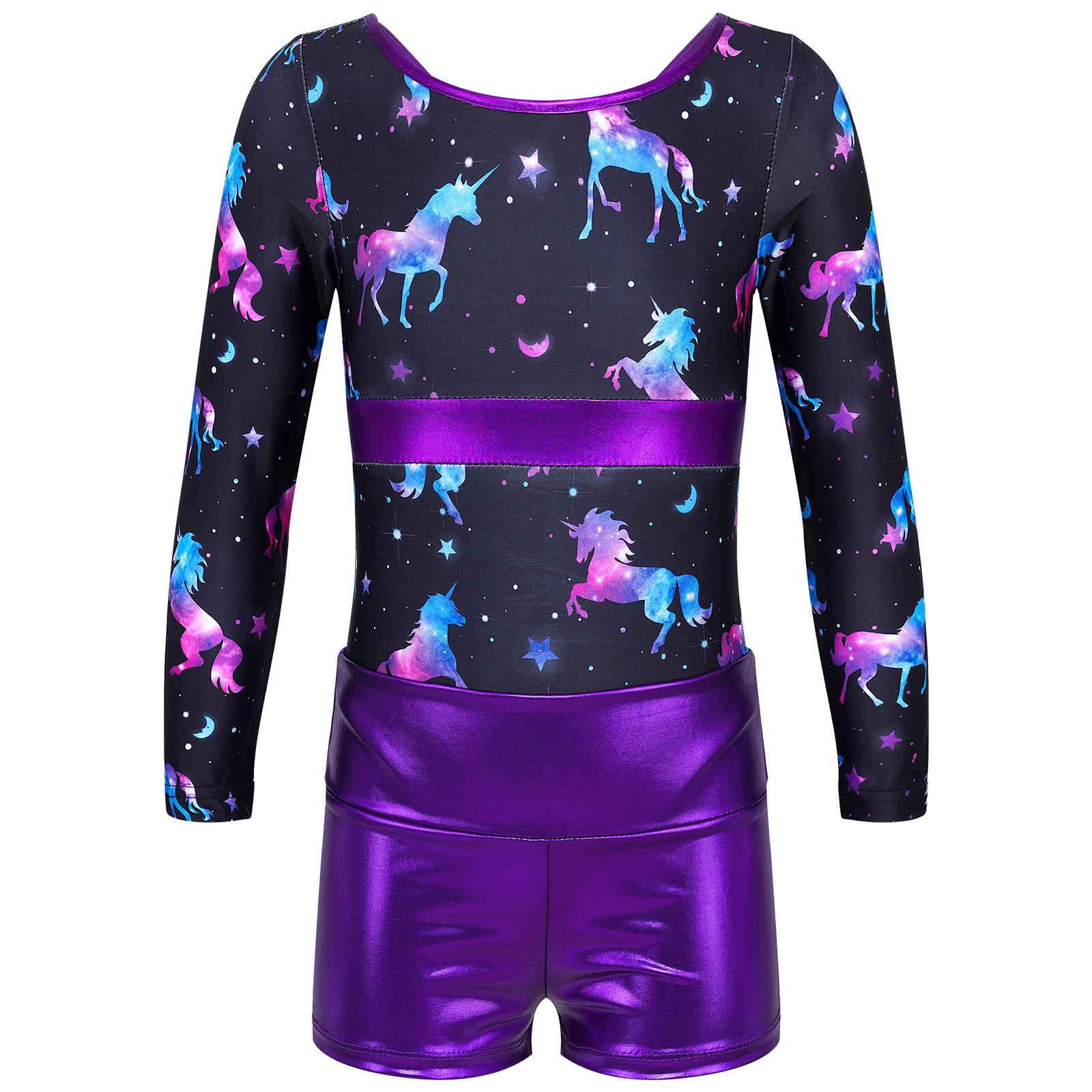 Trẻ em nữ dài tay áo in leotard kim loại quần short cho tập luyện múa ba lê trang phục khiêu vũ trẻ em Jumpsuit Color: Purple Size: 14