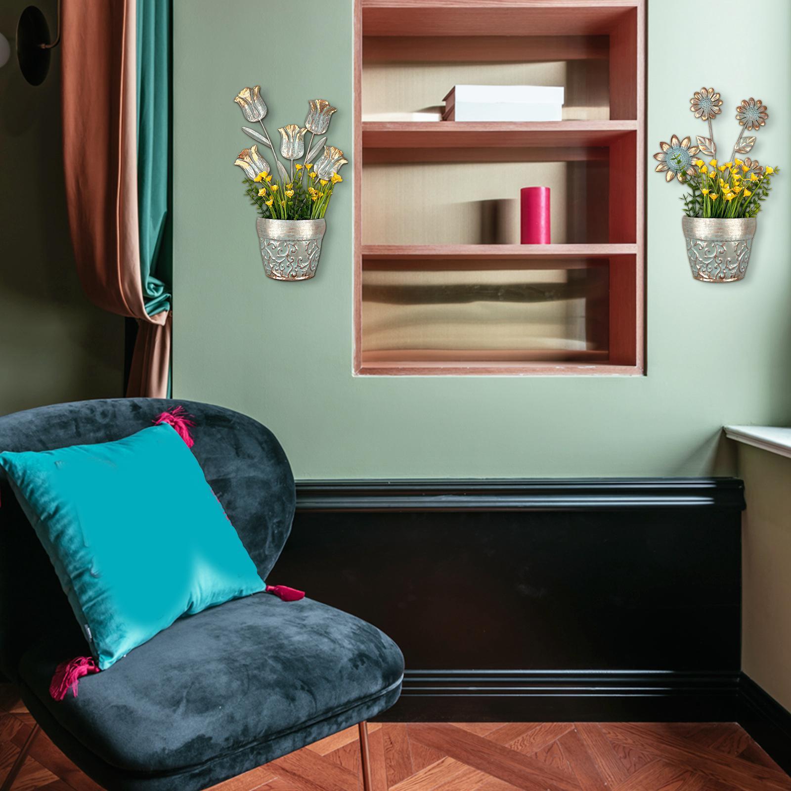 2Pcs Flower Pot Sculptures Yard Backyard Lawn Flower Metal Wall Art Decors