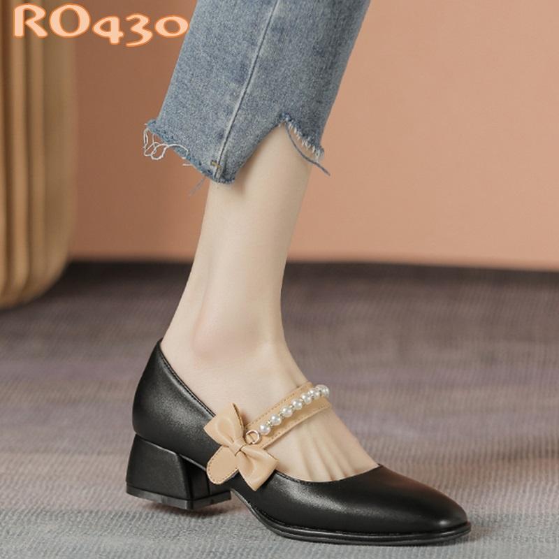 Giày cao gót nữ đẹp đế vuông 4 phân hàng hiệu rosata hai màu đen kem ro430