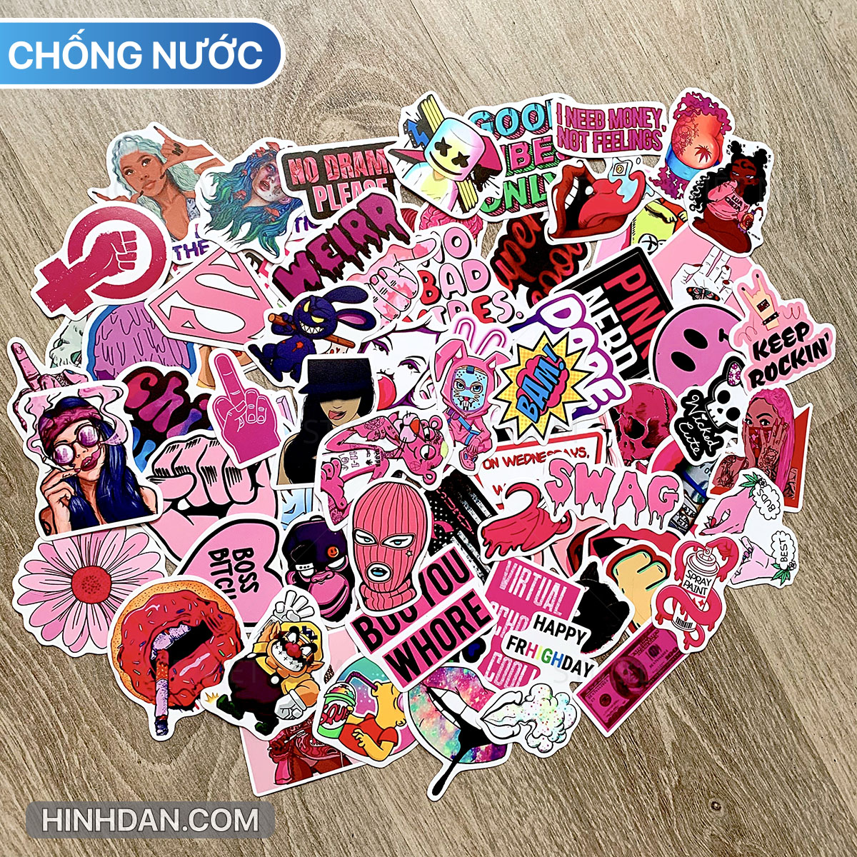 Sticker Màu Hồng Siêu Ngầu Swag Pink - Chất Liệu PVC Chất Lượng Cao Chống Nước - Kích Thước 4-8cm