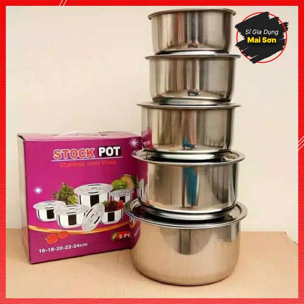 Bộ Nồi Inox Cao Cấp 5 Món STOCK POT Chất Liệu Thép Không Gỉ Nồi Đa Năng Dùng Được Cho Bếp Từ Kích Thước 16-24 CM