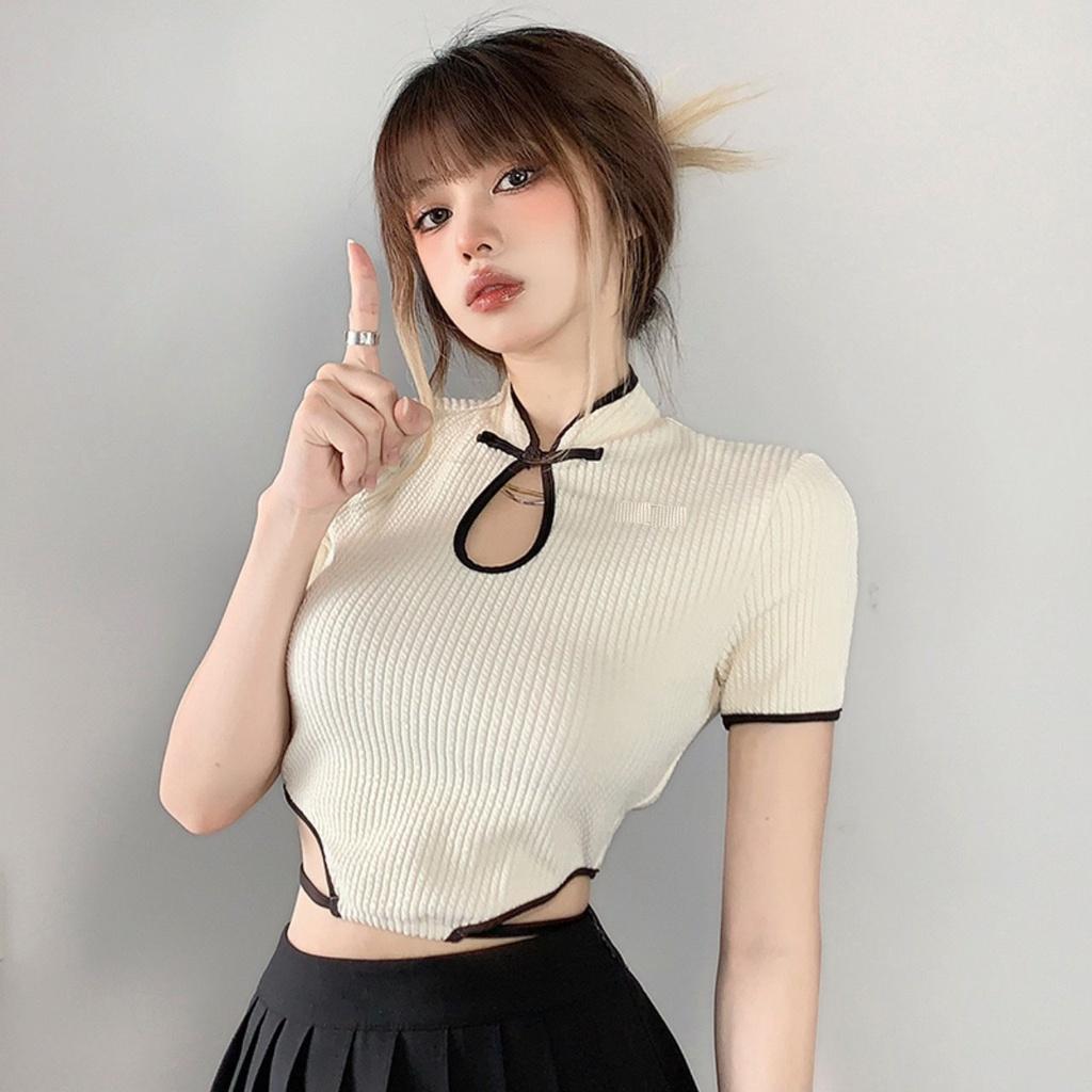 Áo croptop tay ngắn HAGA áo cổ tàu nữ buộc eo xinh xắn CTBL51