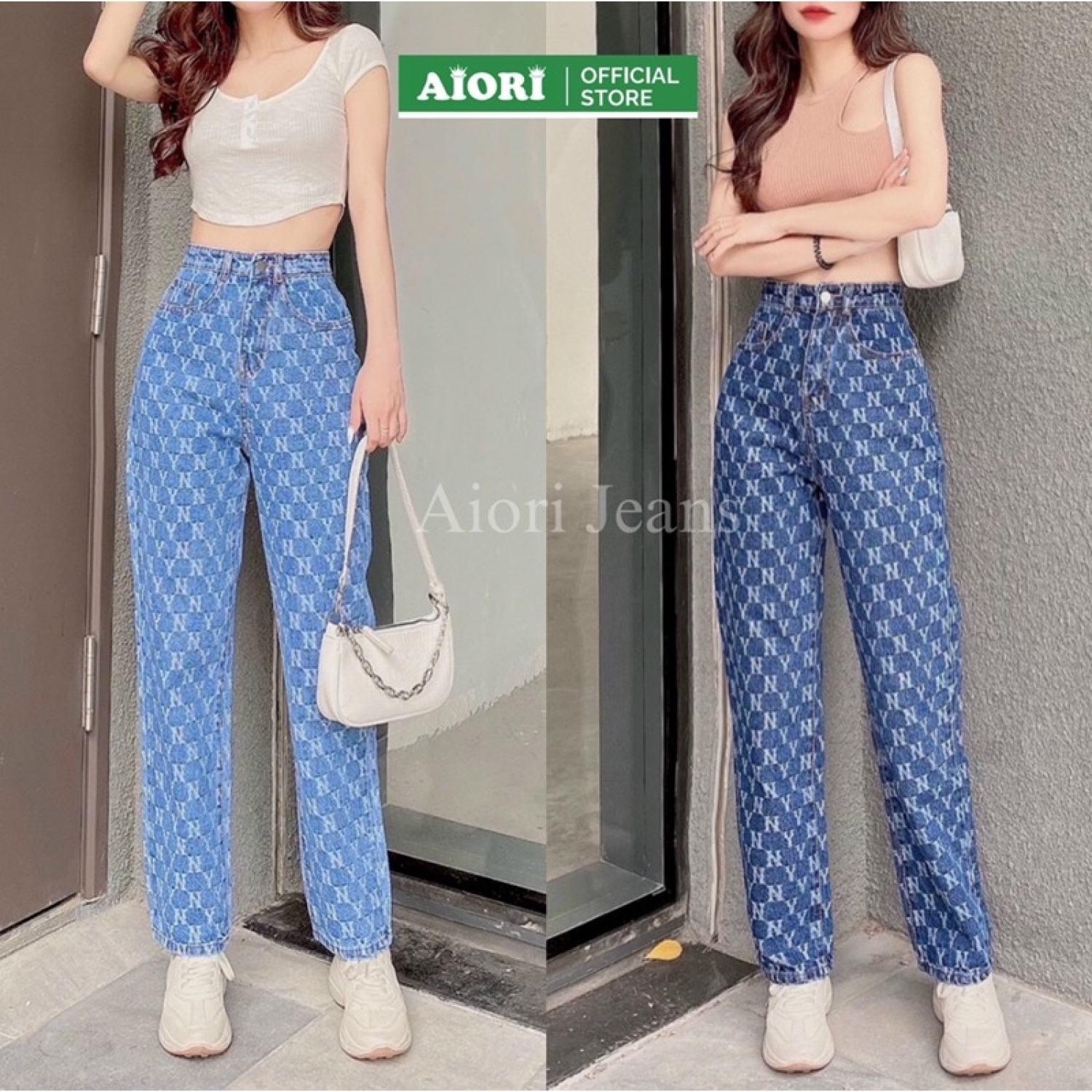 [Hàng Cao Cấp] Quần Jeans Nữ, Quần Jeans Ống Đứng Cạp Cao Họa Tiết NY Kiểu Bò Suông Phong Cách Hàn Quốc Ulzzang E003 - Xanh Nhạt