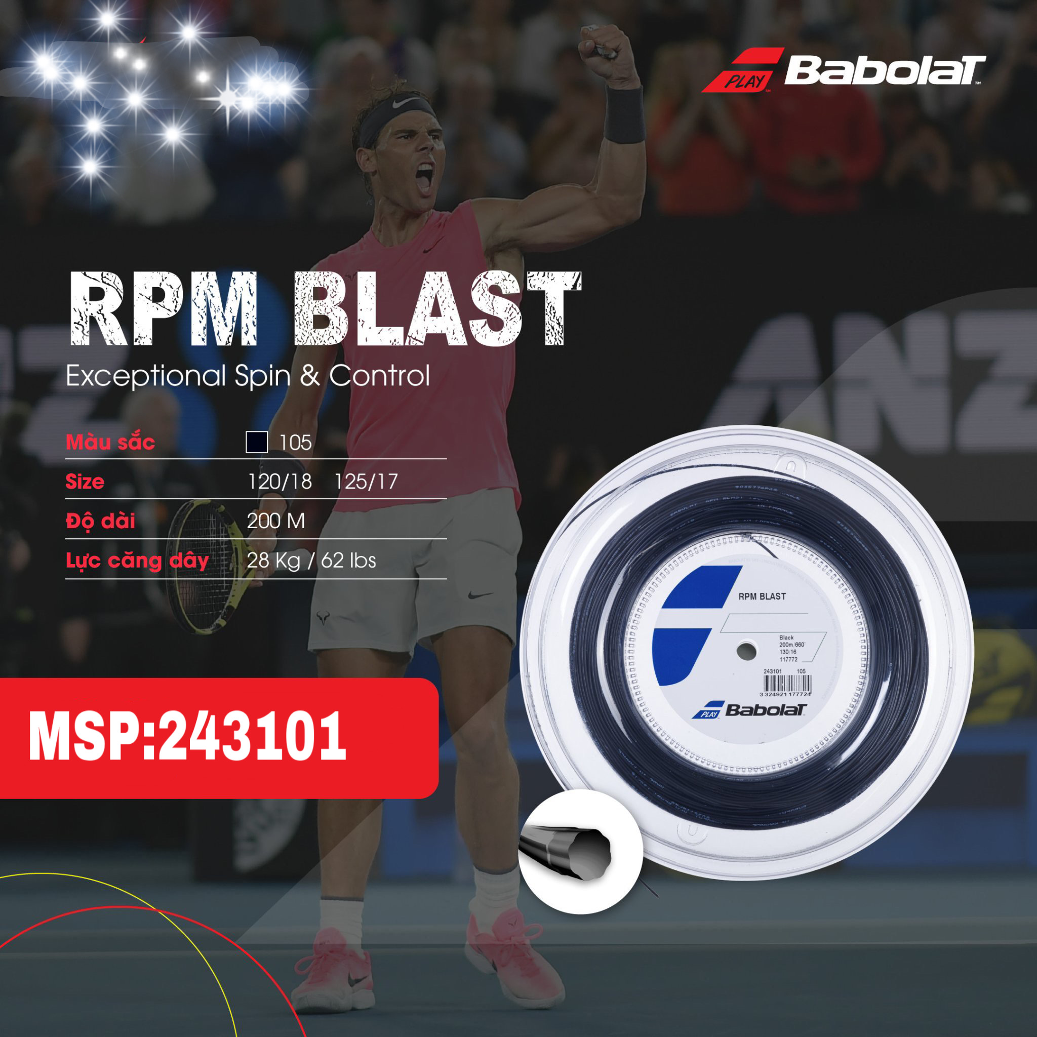 Một cuộn 200m dây đan vợt tennis Babolat RPM Blast 17 - (243101)