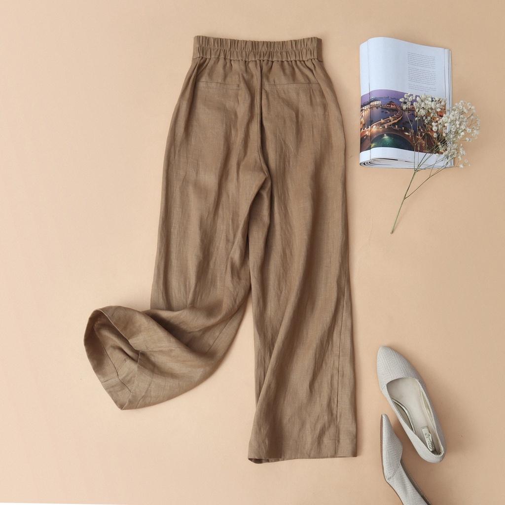 Quần suông Linen KACHISA nút cách điệu màu nâu