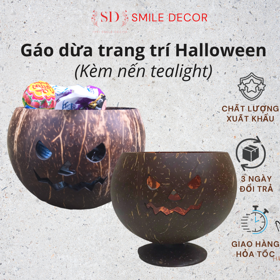 Giỏ đựng kẹo , đựng nến bằng gáo dừa Smile Decor hình bí ngô trang trí Halloween (kèm nến) - Pumpkin Halloween lantern