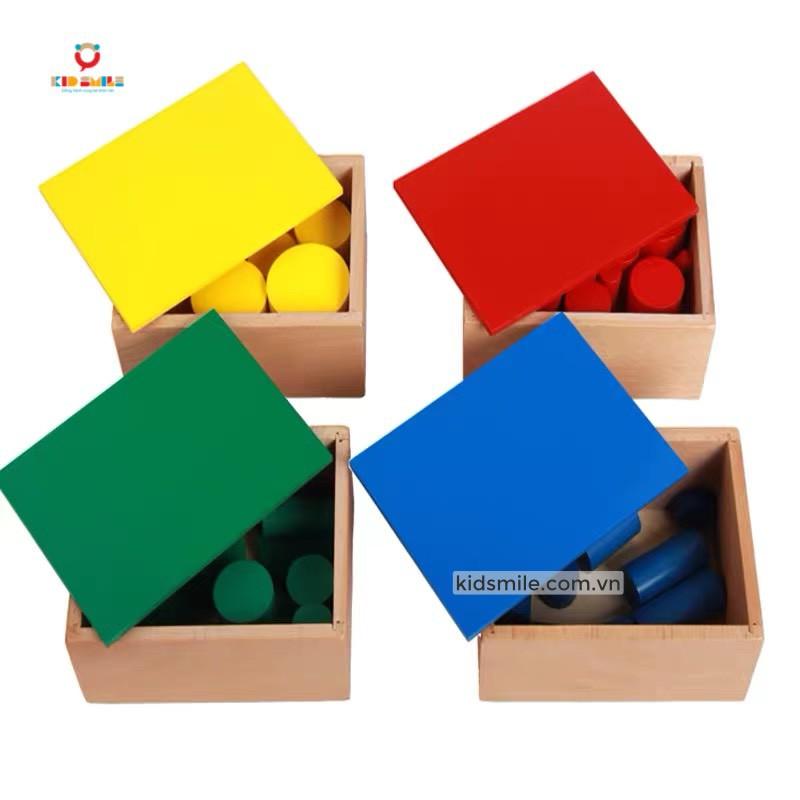 Giáo Cụ Montessori cơ bản thuộc lĩnh vực cảm quan gồm Bộ trụ có núm, không núm, thang nâu, tháp hồng