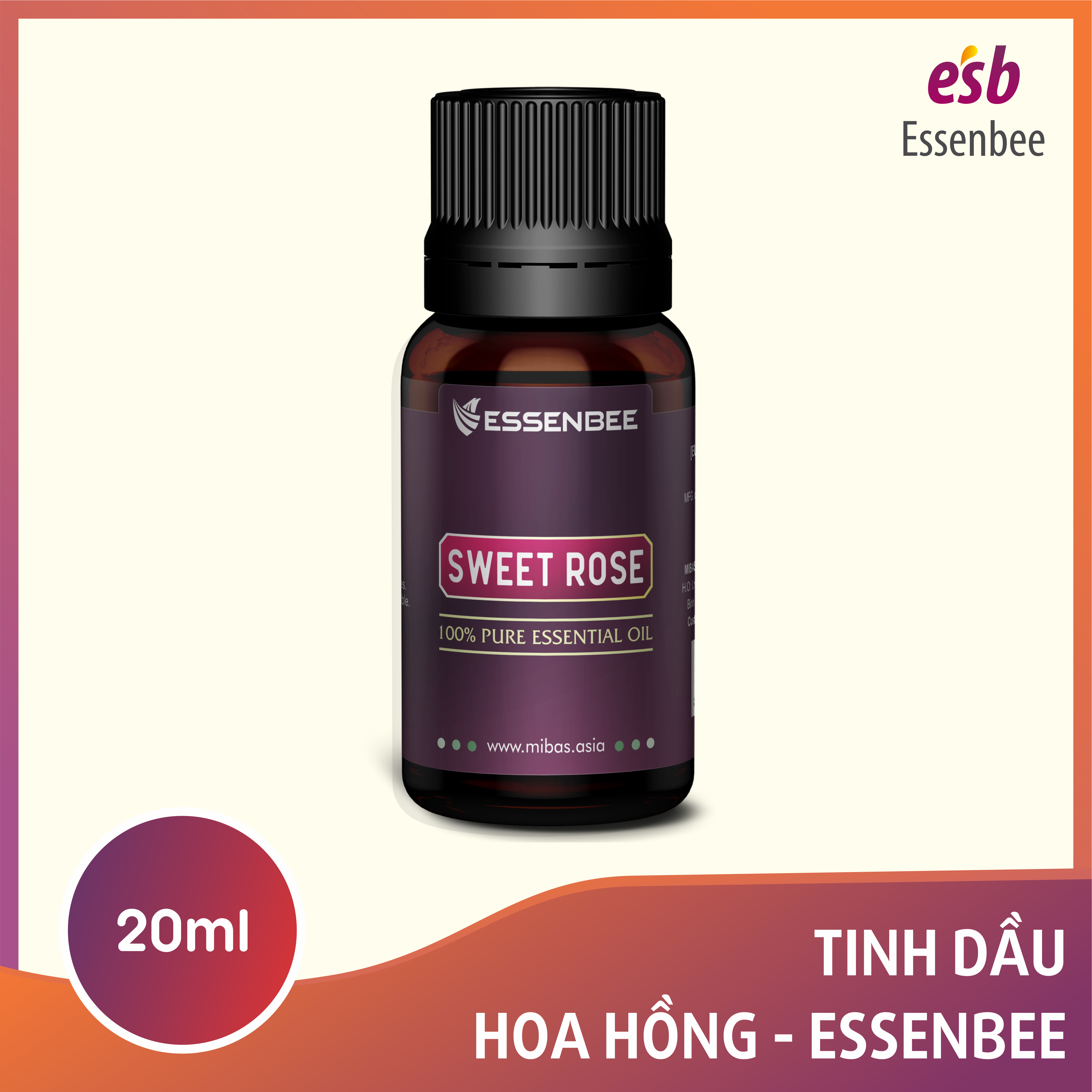 Tinh dầu thiên nhiên Hoa Hồng - Essenbee - 20ml - Giải tỏa căng thẳng, thư giãn tinh thần, giảm stress. Dưỡng ẩm cho da, làm mờ vết thâm và hỗ trợ điều trị quầng thâm mắt. Khử mùi và tạo bầu không khí trong lành.