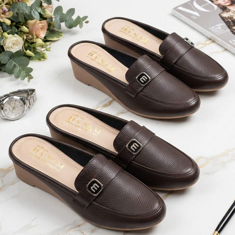 Sục Nữ Đế Xuồng TiTi ĐÔ Da Bò Thật Đế Cao Su 5cm DNU2185