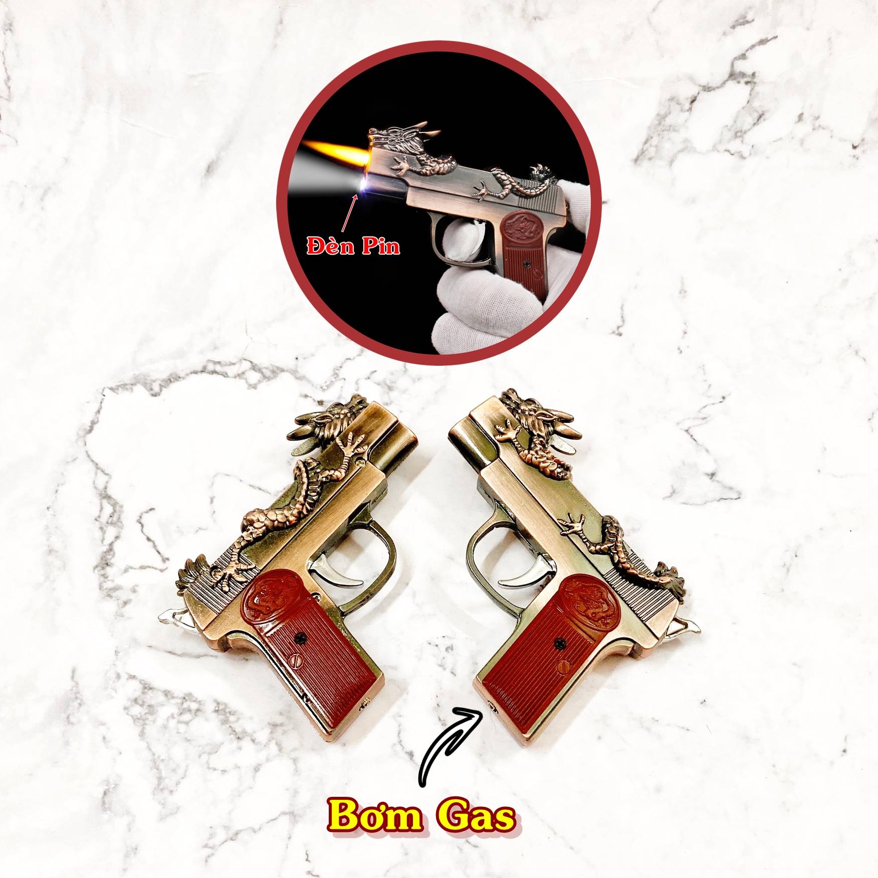 Hột quẹt bật lửa khè hình xúng rồng cuộn có đèn pin size 9.5cm - xài gas