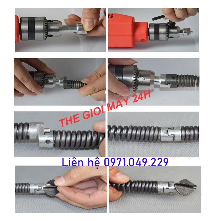 Bộ dây thông tắc đường ống dùng tay quay và máy khoan dài 18m tặng kèm 6 đầu thông 1 tay quay 1 đầu kết nối