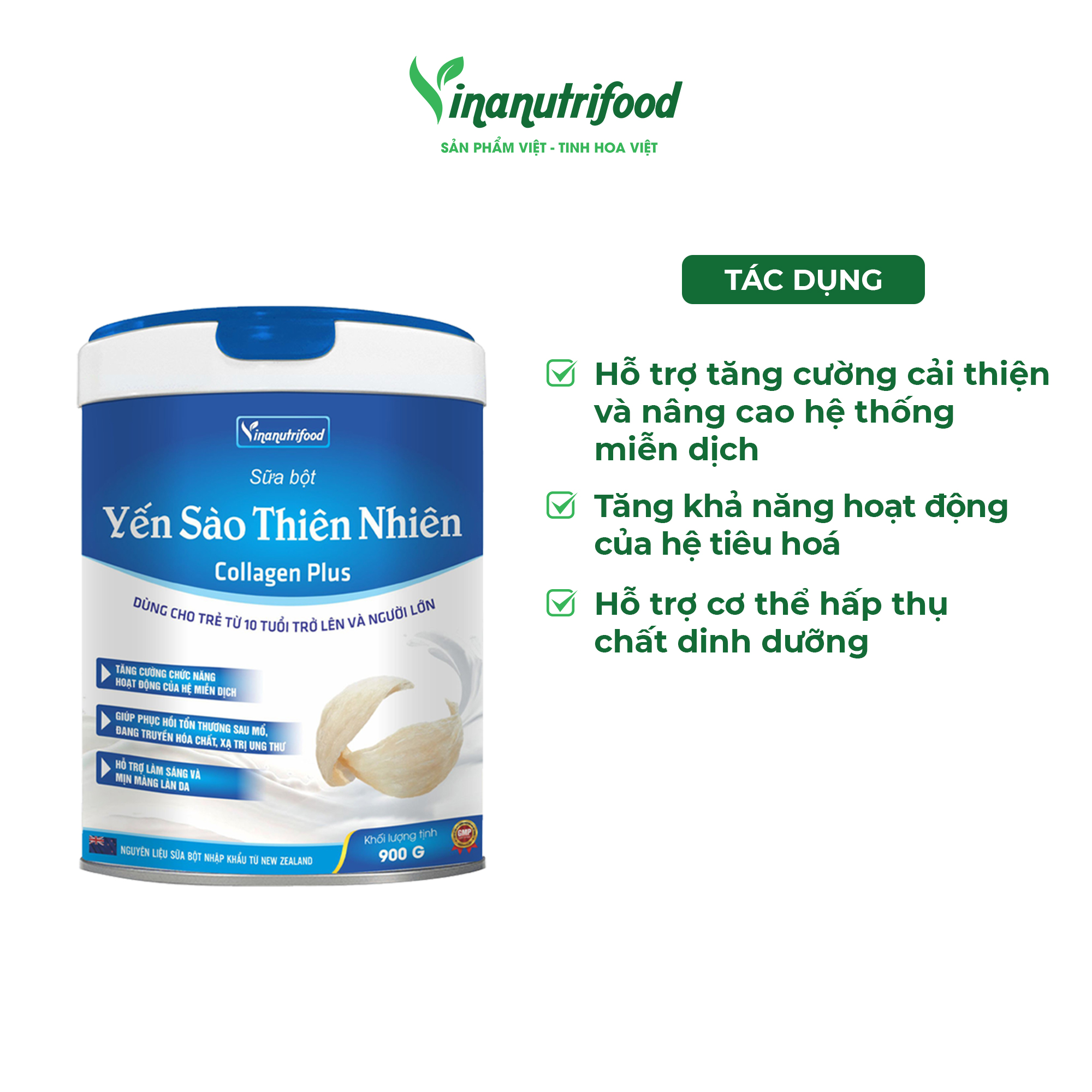 Sữa bột Yến Sào Thiên Nhiên Collagen Plus 900g Vinanutrifood, giúp nâng cao hệ thống miễn dịch, tăng sức đề kháng, bồi bổ cơ thể nhất là ở trẻ gầy yếu biếng ăn, giúp săn chắc làn da, chống lão hóa