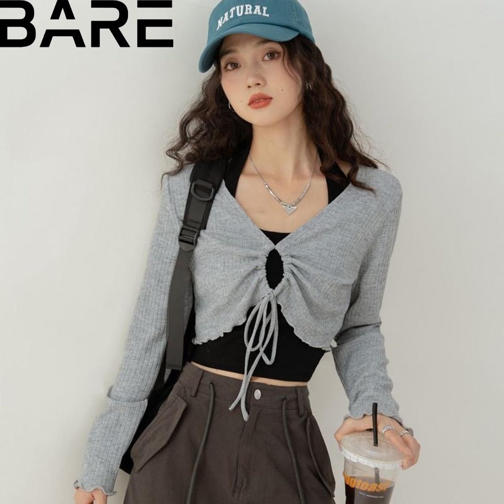 Set áo croptop tay dài cuốn biên Bare kèm áo yếm phối màu phong cách Ullzang cá tính - AO0158