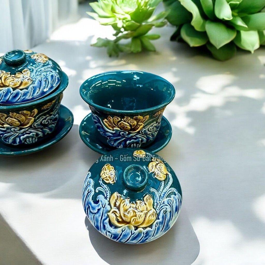 Bát sâm gốm sứ Men Xanh Lục Bảo Đắp Nổi Rồng Việt, đồ thờ cúng Bát Tràng cao cấp