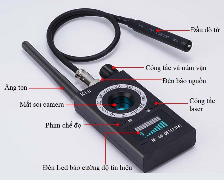 Máy dò định vị điện thoại, camera nhanh chóng, chính xác, cường độ sóng mạnh K18 (Tặng 3 nút kẹp cao su giữ dây điện -màu ngẫu nhiên)