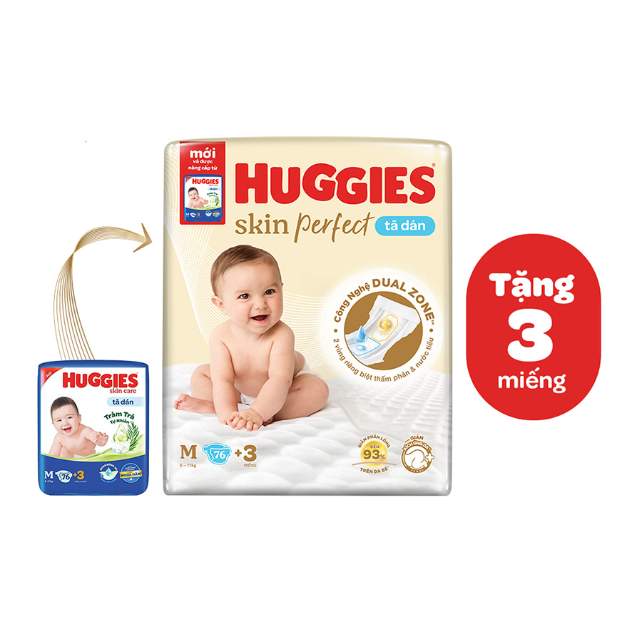 Tã/bỉm dán sơ sinh Huggies Skin Perfect M 76+3 miếng với 2 vùng thấm giảm kích ứng da